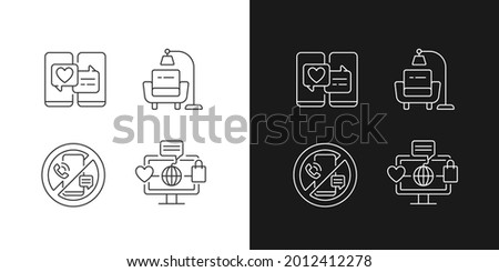Steps towards healthy living linear icons set for dark and light mode. Online dating. Minimalist lifestyle. Customizable thin line symbols. Isolated vector outline illustrations. Editable stroke