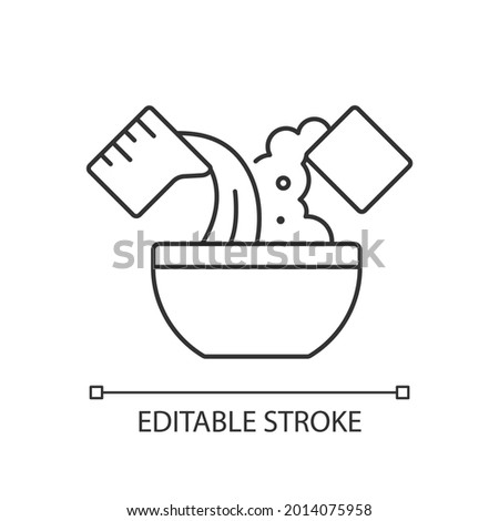 Mixing cooking ingredient linear icon. Add water in bowl for dough making. Cooking instruction. Thin line customizable illustration. Contour symbol. Vector isolated outline drawing. Editable stroke
