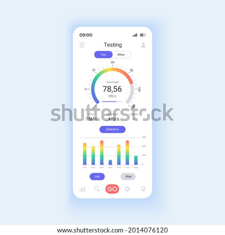 Network monitoring smartphone interface vector template. Mobile app page design layout. Measuring network connection screen. Tracking data usage. Flat UI for application. Phone display