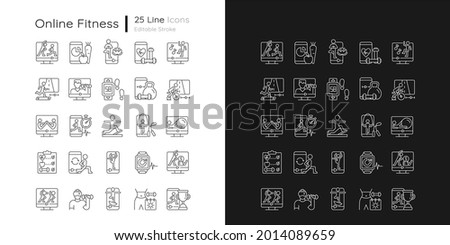 Online fitness apps linear icons set for dark and light mode. Health and wellness body state. Virtual training. Customizable thin line symbols. Isolated vector outline illustrations. Editable stroke