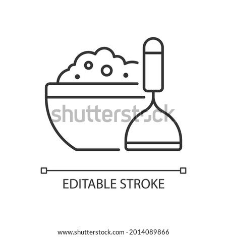 Mash potato linear icon. Vegan gravy recipe. Thanksgiving dish. Nutrient meal. Cook instruction. Thin line customizable illustration. Contour symbol. Vector isolated outline drawing. Editable stroke