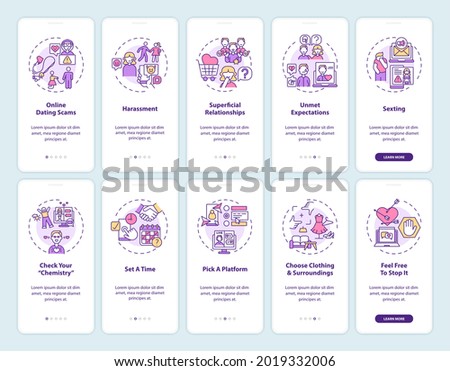 Online dating platform onboarding mobile app page screen with concepts. Date website risks walkthrough 10 steps graphic instructions. UI, UX, GUI vector template with linear color illustrations