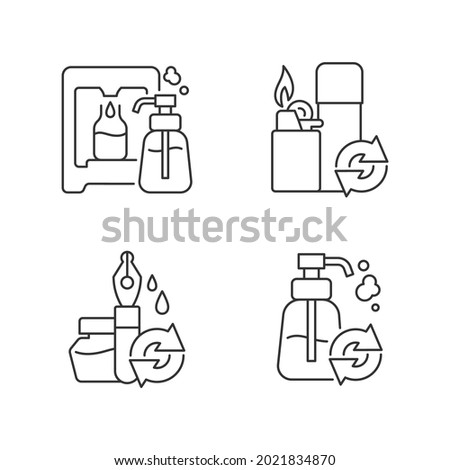 Products refill linear icons set. Soap stand and dispenser. Ink pen. Lighter refill. Eco cosmetic. Customizable thin line contour symbols. Isolated vector outline illustrations. Editable stroke