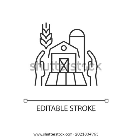Farmers support linear icon. Local agricultural producers. Funding program for farming business. Thin line customizable illustration. Contour symbol. Vector isolated outline drawing. Editable stroke