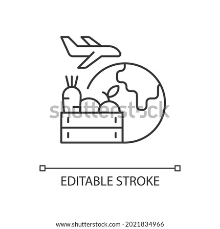 Agricultural products export linear icon. Agricultural goods delivering. Global market sales. Thin line customizable illustration. Contour symbol. Vector isolated outline drawing. Editable stroke
