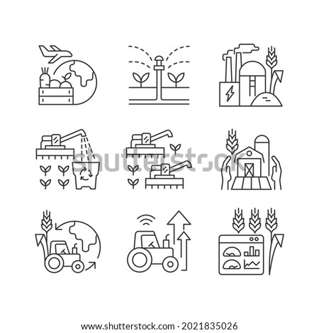 Agricultural business linear icons set. Ecological farming. Farm modernization and innovation. Customizable thin line contour symbols. Isolated vector outline illustrations. Editable stroke