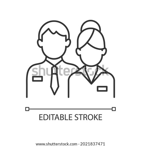 Company staff linear icon. Man and woman in uniform. Official business representatives. Thin line customizable illustration. Contour symbol. Vector isolated outline drawing. Editable stroke