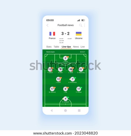 Football news and results smartphone interface vector template. Mobile app page design layout. Official match highlights screen. Expected goals and assists. Flat UI for application. Phone display