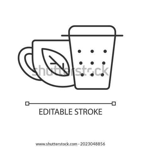 Metal tea infuser, strainer linear icon. Tea brewing device. Put leaves into tool to make drink. Thin line customizable illustration. Contour symbol. Vector isolated outline drawing. Editable stroke