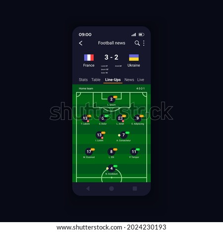 Live match football scores smartphone interface vector template. Mobile app page design layout. Official news feeds screen. TV schedule and audio commentary. Flat UI for application. Phone display