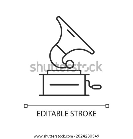 Gramophone linear icon. Phonograph records. Device for mechanical sound reproduction. Thin line customizable illustration. Contour symbol. Vector isolated outline drawing. Editable stroke