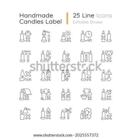 Handmade candles label linear manual label icons set. Fire safety. Customizable thin line contour symbols. Isolated vector outline illustrations for product use instructions. Editable stroke