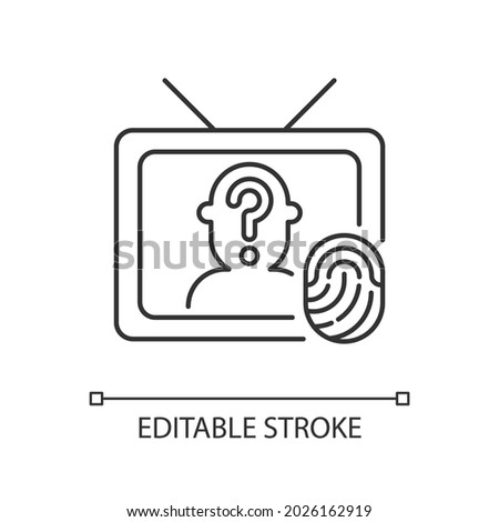 Online investigation show linear icon. True crime series. Suspense cinema genre on TV channel. Thin line customizable illustration. Contour symbol. Vector isolated outline drawing. Editable stroke