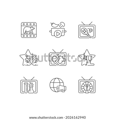 TV linear icons set. Wildlife documentary. Cookery show. Tennis competition. Sports reality program. Soap opera. Customizable thin line symbols. Isolated vector outline illustrations. Editable stroke