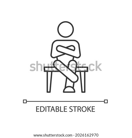 Closed body language linear icon. Crossed legs, arms. Showing discomfort. Nonverbal communication. Thin line customizable illustration. Contour symbol. Vector isolated outline drawing. Editable stroke