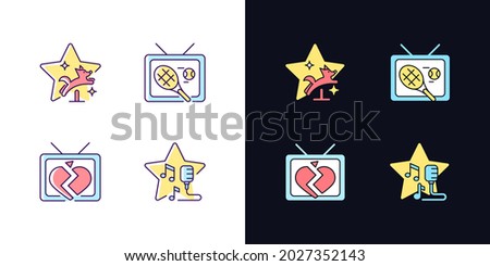 Television series genres light and dark theme RGB color icons set. Pet training. Soap opera. Open mic show. Isolated vector illustrations on white and black space. Simple filled line drawings pack