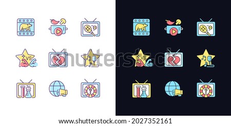 TV light and dark theme RGB color icons set. Wildlife documentary. Cookery show. Tennis competition. Isolated vector illustrations on white and black space. Simple filled line drawings pack