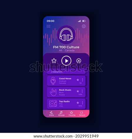 Radio appliation night smartphone interface vector template. Mobile app page design layout. Listen to music online screen. Podcast and news broadcasting. Flat UI for application. Phone display