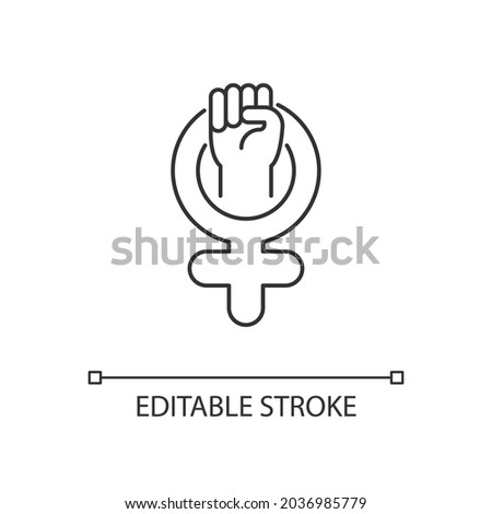 Female symbol linear icon. Pride in sisterhood. Clenched fist in venus sign. Self respect. Thin line customizable illustration. Contour symbol. Vector isolated outline drawing. Editable stroke