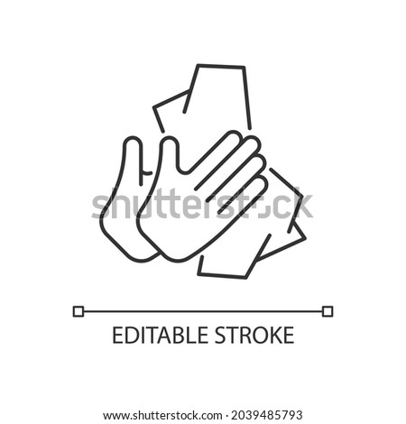 Dry hands with tissue linear icon. Wiping off dirt and germs from palms. Use antibacterial wipes. Thin line customizable illustration. Contour symbol. Vector isolated outline drawing. Editable stroke