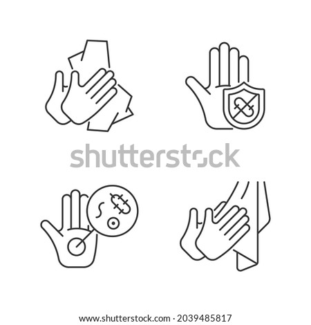 Infection prevention linear icons set. Wiping off dirt, germs. Dry hands with towel. Microbes protection. Customizable thin line contour symbols. Isolated vector outline illustrations. Editable stroke
