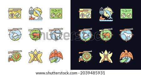 Wild animals hunting light and dark theme RGB color icons set. Big and small game hunting. Hunt license. Isolated vector illustrations on white and black space. Simple filled line drawings pack