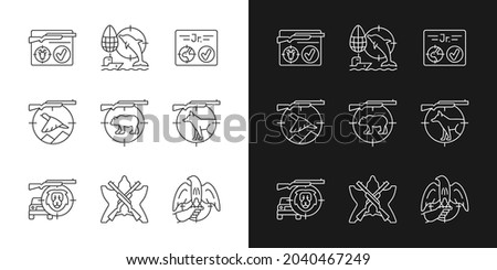 Wild animals hunting linear icons set for dark and light mode. Big and small game hunting. Capture prey. Customizable thin line symbols. Isolated vector outline illustrations. Editable stroke