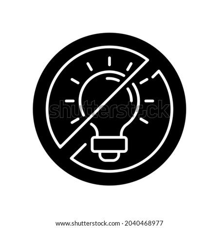 No bright light black glyph icon. Restriction for lamps. Switch off illumination. Avoid brightness before bedtime. Sleep hygiene tips. Silhouette symbol on white space. Vector isolated illustration