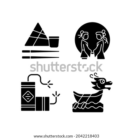 China national holidays black glyph icons set on white space. Chopsticks. Double seventh festival. Lighting firecrackers. Dragon boat festival. Silhouette symbols. Vector isolated illustration