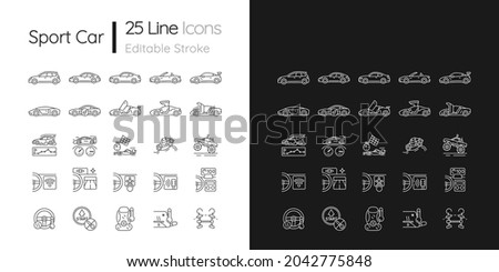 Auto racing linear icons set for dark and light mode. Driving sports cars. Advanced automotive technology. Customizable thin line symbols. Isolated vector outline illustrations. Editable stroke