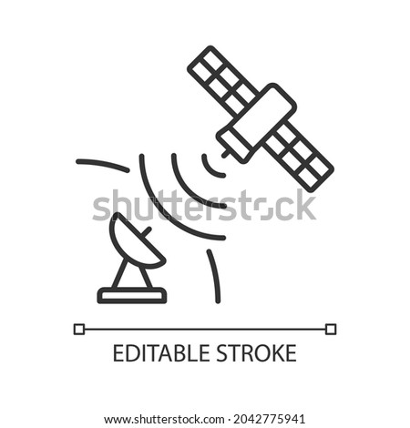 Satellite signal linear icon. Telecommunications network. Signal receiving dish satelite. Thin line customizable illustration. Contour symbol. Vector isolated outline drawing. Editable stroke