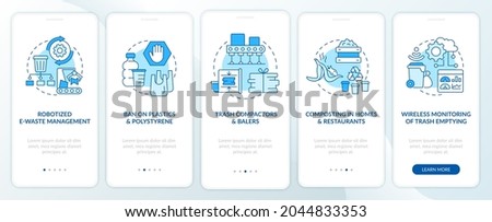 Trash recycling innovations onboarding mobile app page screen. Waste processing walkthrough 5 steps graphic instructions with concepts. UI, UX, GUI vector template with linear color illustrations