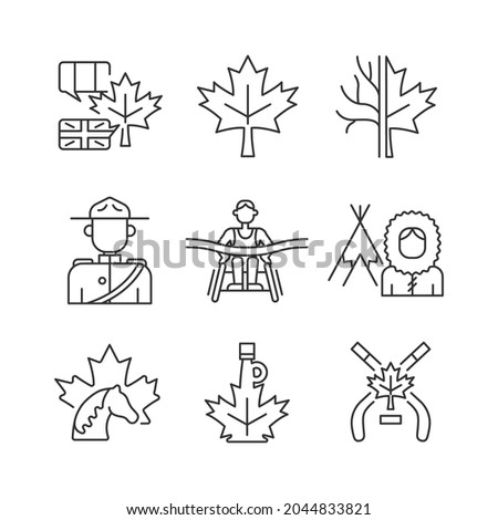 Canadian representation linear icons set. Official country symbols. National heritage. Customizable thin line contour symbols. Isolated vector outline illustrations. Editable stroke