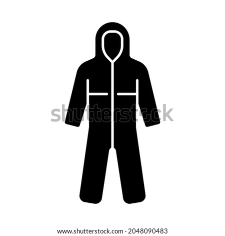 Medical coveralls black glyph icon. Protective wear from dangerous contamination. Suit for laboratory. Quarantine safety. Disposable PPE. Silhouette symbol on white space. Vector isolated illustration