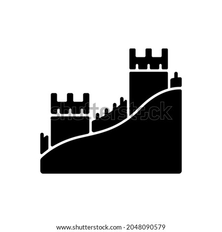 The Great Wall black glyph icon. Ancient historical place in China. Chinese traditional landmark, tourist spot for visit. World wonder. Silhouette symbol on white space. Vector isolated illustration