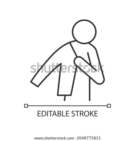 Dress up linear icon. Person putting on jacket. Man getting ready to go to work. Wearing clothes. Thin line customizable illustration. Contour symbol. Vector isolated outline drawing. Editable stroke