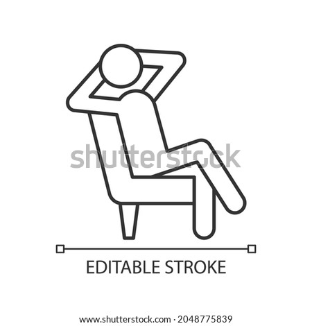 Relax linear icon. Person sitting in relaxed pose. Human taking break from work. Thin line customizable illustration. Contour symbol. Vector isolated outline drawing. Editable stroke