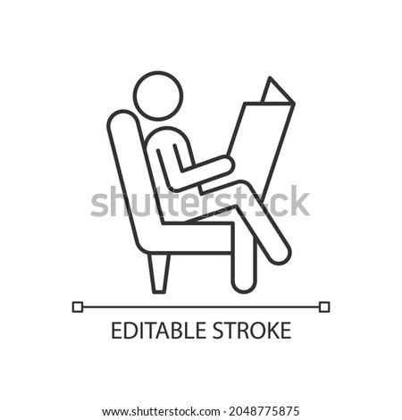 Read newspaper linear icon. Man sitting in armchair. Person reading latest news in paper. Thin line customizable illustration. Contour symbol. Vector isolated outline drawing. Editable stroke
