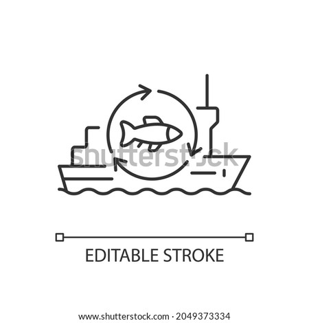Fish processing vessel linear icon. Large factory ship. Commercial fishery. Fish freezing. Thin line customizable illustration. Contour symbol. Vector isolated outline drawing. Editable stroke