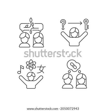 Communication skills linear icons set. Problem solving skills. Inquisitiveness. Understand and accept. Customizable thin line contour symbols. Isolated vector outline illustrations. Editable stroke