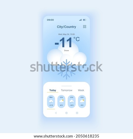 Snowy weather forecast daytime mode smartphone interface vector template. Temperature overcast. Mobile app page design layout. Climate overcast screen. Flat UI for application. Phone display