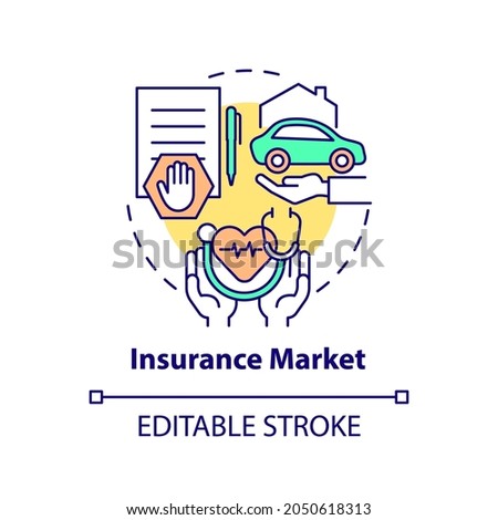 Insurance market concept icon. Life, vehicle, real estate, health coverage. Financial protection abstract idea thin line illustration. Vector isolated outline color drawing. Editable stroke