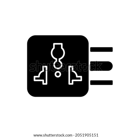 Travel adapter black glyph icon. International universal plug. Global standard outlet. Roadtrip gear. Electricity supply. Silhouette symbol on white space. Vector isolated illustration