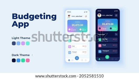 Budgeting app cartoon smartphone interface vector templates set. Mobile app screen page day and dark mode design. Managing finance UI for application. Phone display with flat character