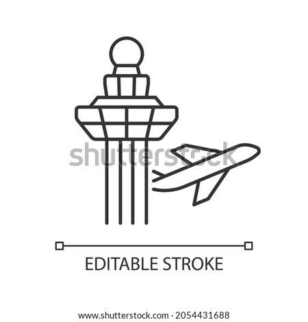 Changi airport control tower linear icon. Visual observation from tower. Air traffic control. Thin line customizable illustration. Contour symbol. Vector isolated outline drawing. Editable stroke