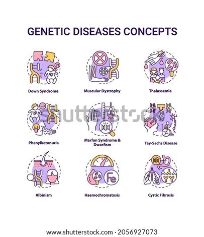 Genetic disease concept icons set. Marfan syndrome, dwarfism. Tay sach disease. Hereditary illness idea thin line RGB color illustrations. Vector isolated outline drawings. Editable stroke Imagine de stoc © 