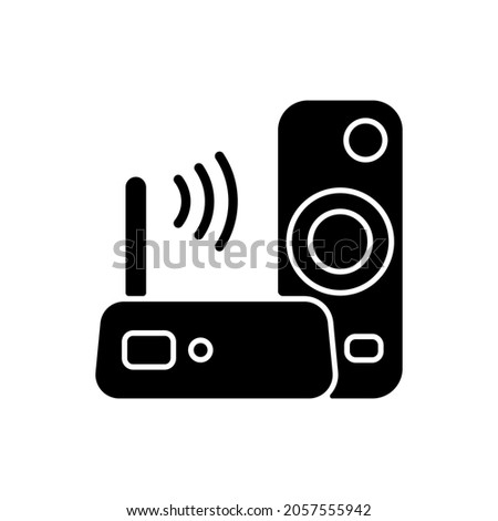 Media streaming device black glyph icon. Watching television on Internet-connected device. Wi-Fi connection. Connecting TV to Internet. Silhouette symbol on white space. Vector isolated illustration
