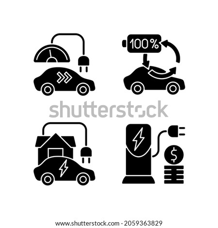 Electric vehicle charging black glyph icons set on white space. Types of charging connectors for electromobiles. Ecological fuel for transort. Silhouette symbols. Vector isolated illustration
