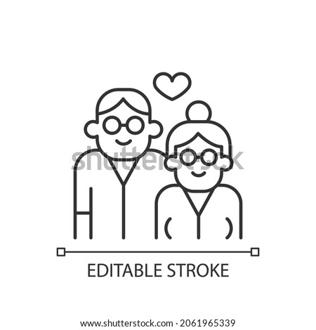 Elderly couple in love linear icon. Long term romantic relationship. Married for long time. Thin line customizable illustration. Contour symbol. Vector isolated outline drawing. Editable stroke