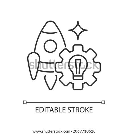 Startup linear icon. Small business foundation. Innovative business model. Team project opening. Thin line customizable illustration. Contour symbol. Vector isolated outline drawing. Editable stroke